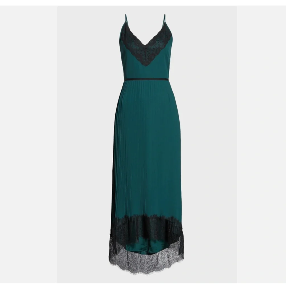 J.Crew Collection Spaghetti Strap Pleated Midi Dress Green Black Lace 2 NEW $198